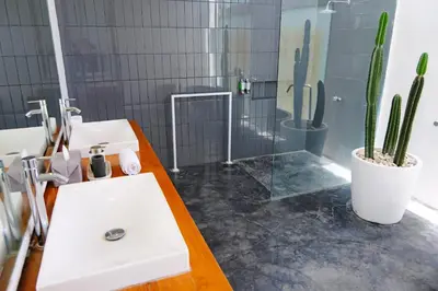 a bathroom with a sink and a shower with a cactus at Modern & Central 3 Bedroom plus cinema in Seminyak