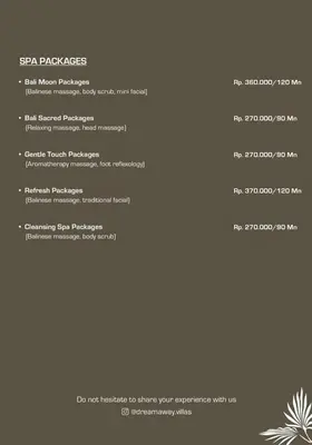 a screenshot of the menu for the saayan palace at Villa Wuizy By DreamAwayBali in Seminyak