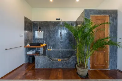 a bathroom with a tub and a potted plant at Villa Wampu By DreamAwayBali in Seminyak