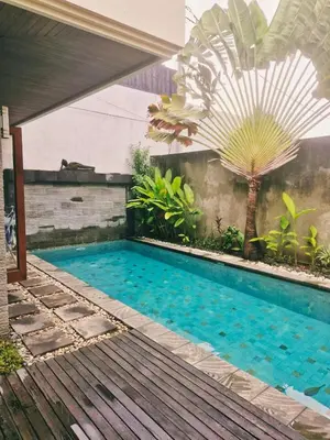 a swimming pool in a garden with a palm tree at Max Guest House in Seminyak