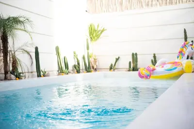 a swimming pool with a float in a house with cactus at Villa Esha I in Seminyak