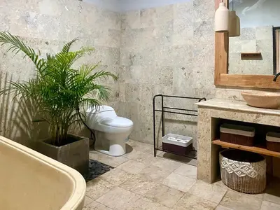 a bathroom with a toilet and a plant in a tub at Zen Home in Jimbaran