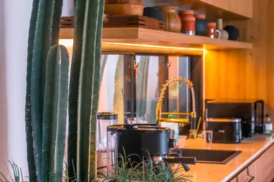 a kitchen with a counter with a sink and a cactus at Casa Ipanema, Luxury 2 Bedrooms Villa with Cinema in Private Quiet Area in Canggu