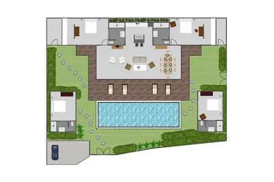 a floor plan of a villa with a swimming pool at Renovated Villa Zayya, Central Oberoi Seminyak in Seminyak