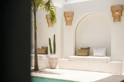 a living room with a couch and a palm tree at All-White Villa with Pool, Sauna, Firepit & Office in Jimbaran