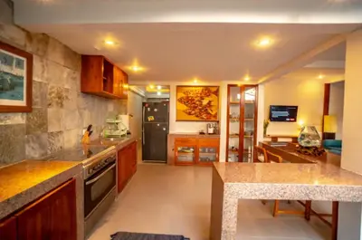 a kitchen with a stove and a counter top at The Padma Room in Kerobokan