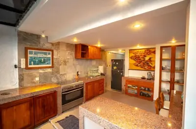 a kitchen with wooden cabinets and a stove top oven at The Padma Room in Kerobokan