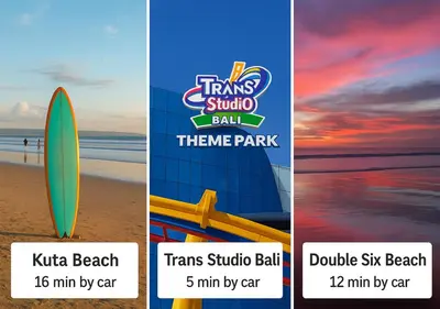 three different pictures of a surfboard on the beach at Peaceful private 3BR pool villa in heart of Bali in Legian