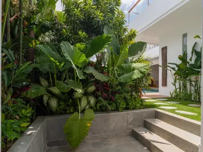 a garden with plants and stairs in a building at Lux 500sqm 5BR Villa, 400m to FINNS & Canggu Beach in Canggu
