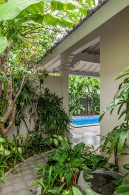 an outdoor patio with plants and a swimming pool at Villa Seni in Seminyak