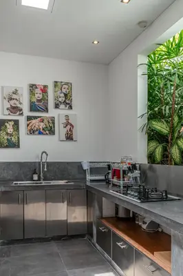 a kitchen with stainless steel appliances and plants at Incredible 3BR Villa In The Heart Of Seminyak in Seminyak