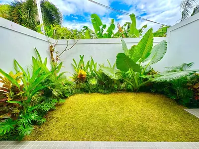 a garden with green plants and a white wall at Mahayasa Villa with garden in Canggu
