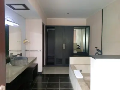 a bathroom with a sink and a large mirror at Rishi Villas in Kerobokan