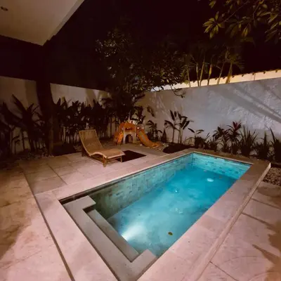 a small swimming pool in a backyard at night at Villa Wild in Seminyak