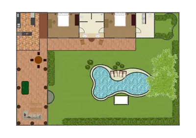a plan of a garden with a swimming pool at Villa Santai by Optimum Bali Villas in Canggu