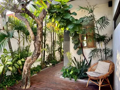 a room filled with lots of plants and a chair at Villa Omarama Seminyak Beach in Seminyak