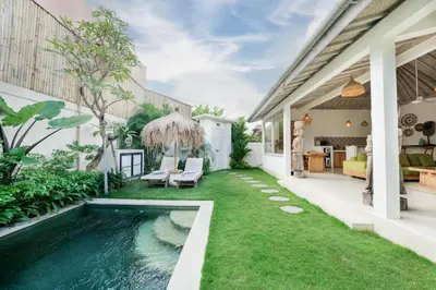 an image of a backyard with a swimming pool and a house at Villa Anna Lou 1BR Boho Escape in Seminyak in Seminyak