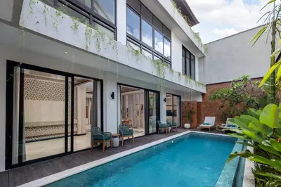 an external view of a house with a swimming pool at Astamaya Signature Villas in Seminyak