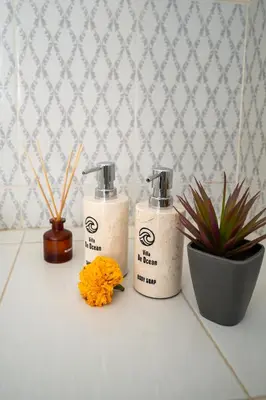 two bottles ofodorizers on a counter next to a plant at Villa De Ocean in Seminyak