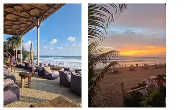two pictures of a beach and a sunset at LePalms villa, 2min Beach, 10min Atlas,Finns Club in Canggu