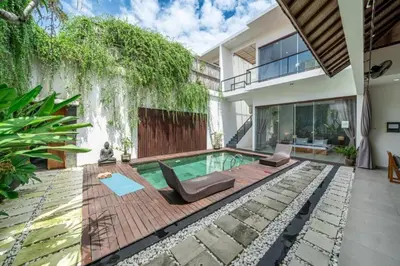 a house with a swimming pool in the backyard at Modern Tropical 2BR Villa in Seminyak Kuta with Pool & Garden in Legian