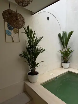 a swimming pool with two potted plants in a room at Villa Bambu in Sanur