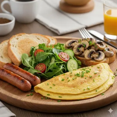 a plate of food with sausage and a salad and bread at Villa Diraya 2 Bedroom Villa in Kerobokan in Kerobokan