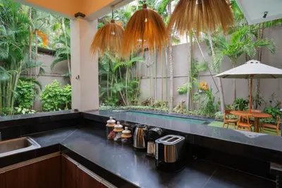 a kitchen with a counter with a sink and plants at New Villa 50 Seminyak in Seminyak