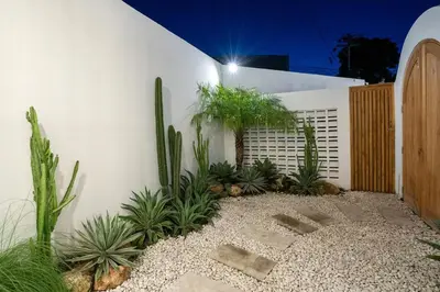 a garden with cacti and plants against a white wall at Leva Villa - Luxury 3BR Jimbaran in Jimbaran