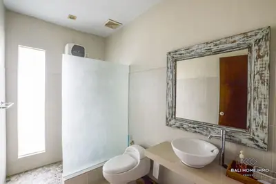 a bathroom with a sink and a toilet and a mirror at Villa Ayu in Kerobokan