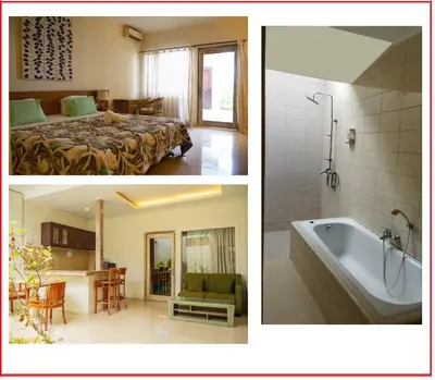 two pictures of a hotel room with a bed and a bathroom at Bali Balitung in Seminyak