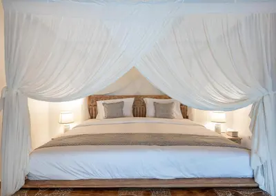 a bedroom with a canopy bed with white drapes at 2BR Villa - Central Seminyak - Private Cook & Breakfast in Seminyak