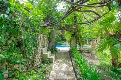 a garden with a pathway leading to a pool at Mosaic Villa Sanur in Sanur