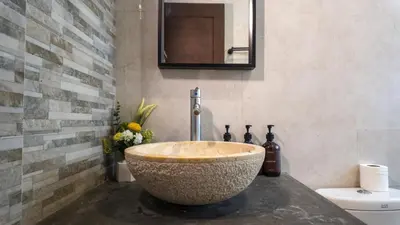 a bathroom with a large bowl sink on a counter at 3BR Private Pool Villa in Central Seminyak - Walk to Cafés & Shops in Seminyak