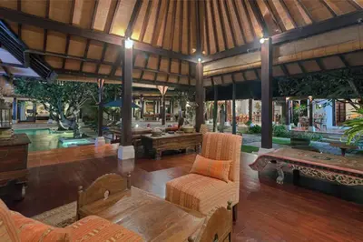 a living room with a pool table and a pavilion at Luxury 6-bedroom Villa in Seminyak in Seminyak