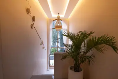 a hallway with a potted plant and a window at Luxury 3BR Canggu | Billiards | Outdoor Cinema in Canggu