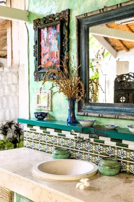 a bathroom with a sink and a mirror at Charming, Homely, Pool, Lush Gardens, Umalas, Cozy in Kerobokan