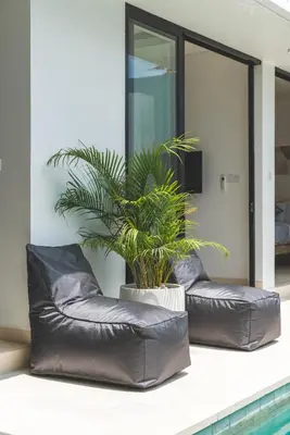 a plant in a pot sitting next to a pool at 3BRVilla Minutes from Seminyak, Petitenget, Canggu in Kerobokan