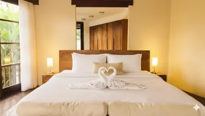 a bedroom with a bed with a swan decoration on it at Calladi Villa in Seminyak