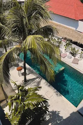 an overhead view of a swimming pool with a palm tree at Mycapsule Bali in Seminyak