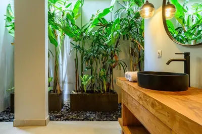 a bathroom with a black sink and plants at Spacious 4BR Family Pool Villa in Sanur