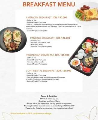 a menu for a breakfast menu with a plate of food at Villa Ozamiz Seminyak in Seminyak