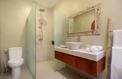 a bathroom with a sink and a toilet and a mirror at Sudha Villa Bali Anyelir in Seminyak