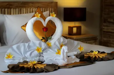 two swans making a heart on a bed at The Murdha Villa in Seminyak
