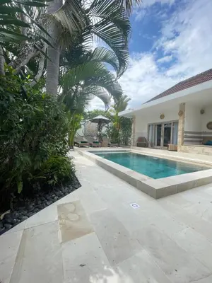 a villa with a swimming pool and palm trees at Pennylane Villa in Seminyak