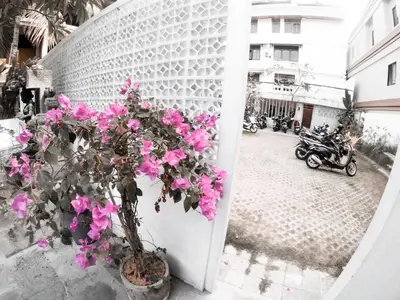 a group of motorcycles parked on a street with pink flowers at Palm Garden Kuta in Kuta