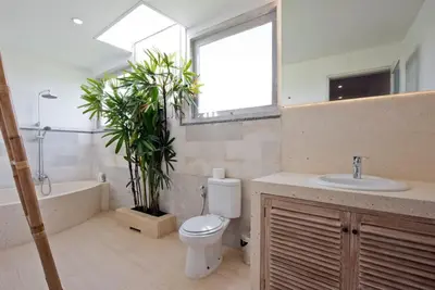a bathroom with a toilet and a sink and a mirror at Villa Niluh in Canggu