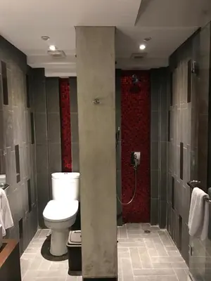 a bathroom with a toilet and a shower at Anshel Hotel Seminyak in Seminyak