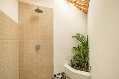 a bathroom with a shower with a plant at Villa Dipta in Seminyak