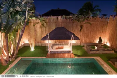 a backyard with a swimming pool and aikiikiikiikiikiikiikiiki at 3BR Villa Rabu - Minggu Villas Seminyak in Seminyak